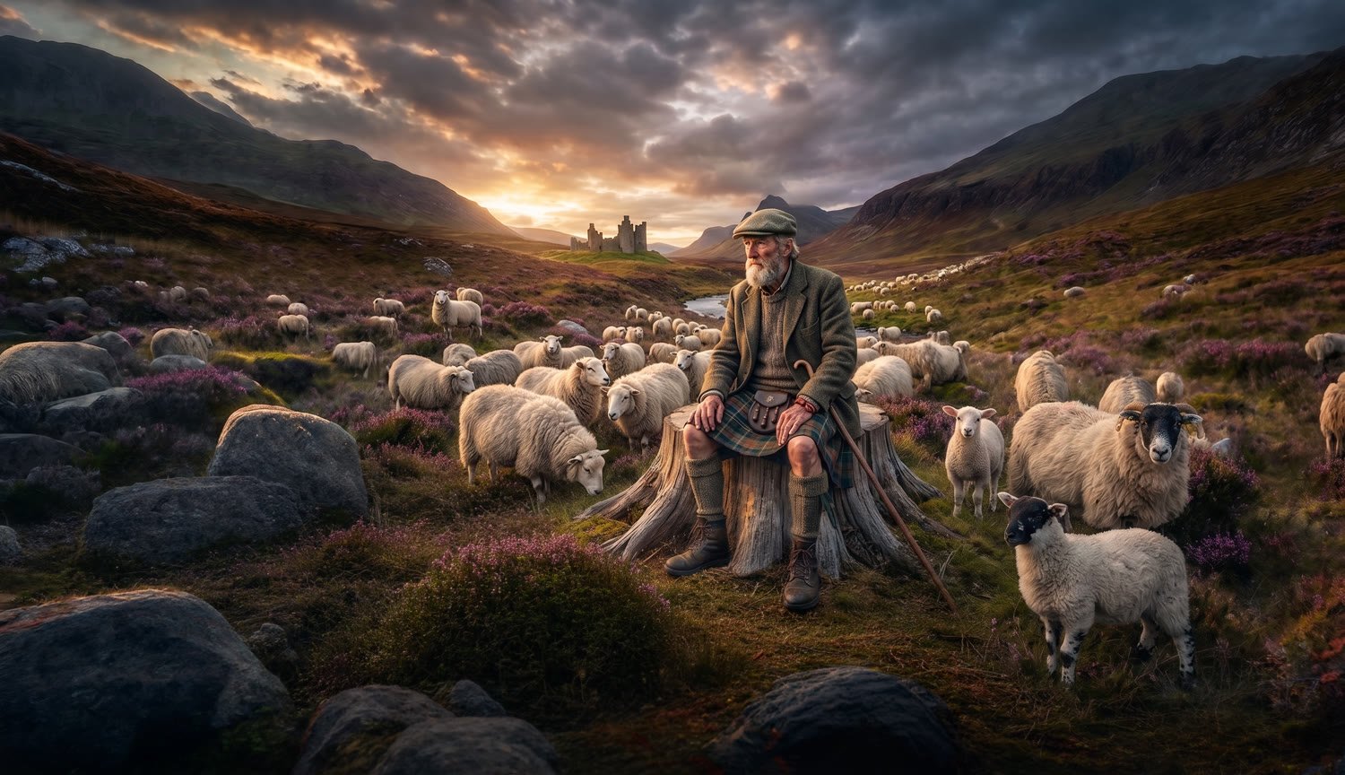 Der Ciobair — Wächter der Highlands, ein Schäfer mit seiner Herde